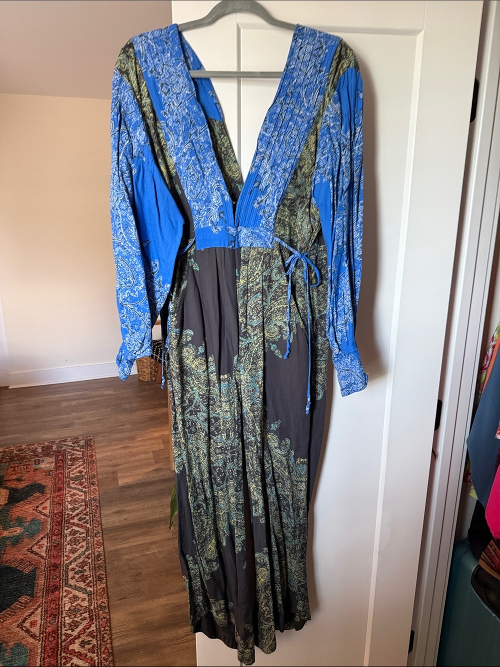Free People Blue and Green Paisley Wrap Jumpsuit